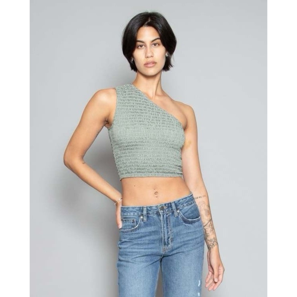 NOMIA Smocked One‎ Shoulder Crop Top Sage Green Size S NWOT Y2K